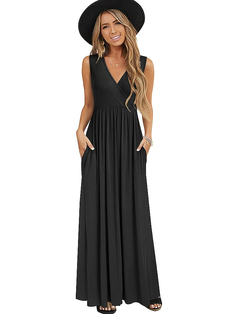 Women Black Color V-Neck Maxi Long Flare Sun Dress