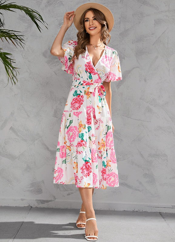 V-neck floral tiered midi dress