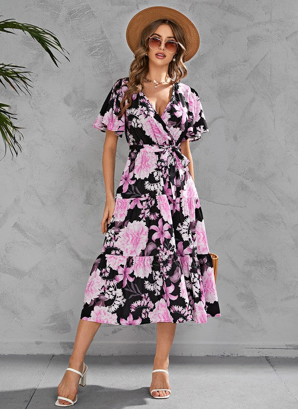 V-neck floral tiered midi dress