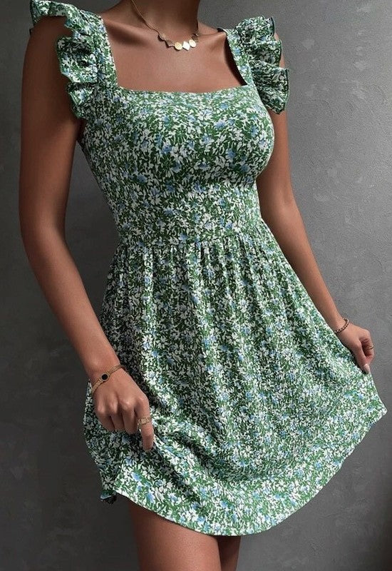 Square neck floral print dress