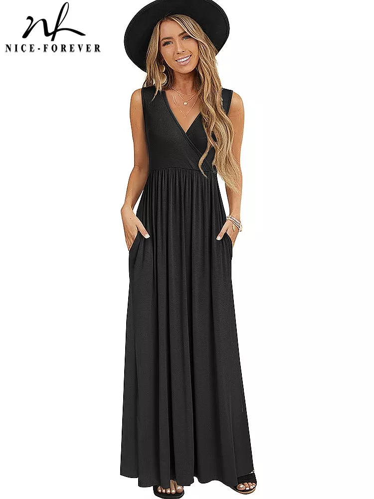 Women Black Color V-Neck Maxi Long Flare Sun Dress