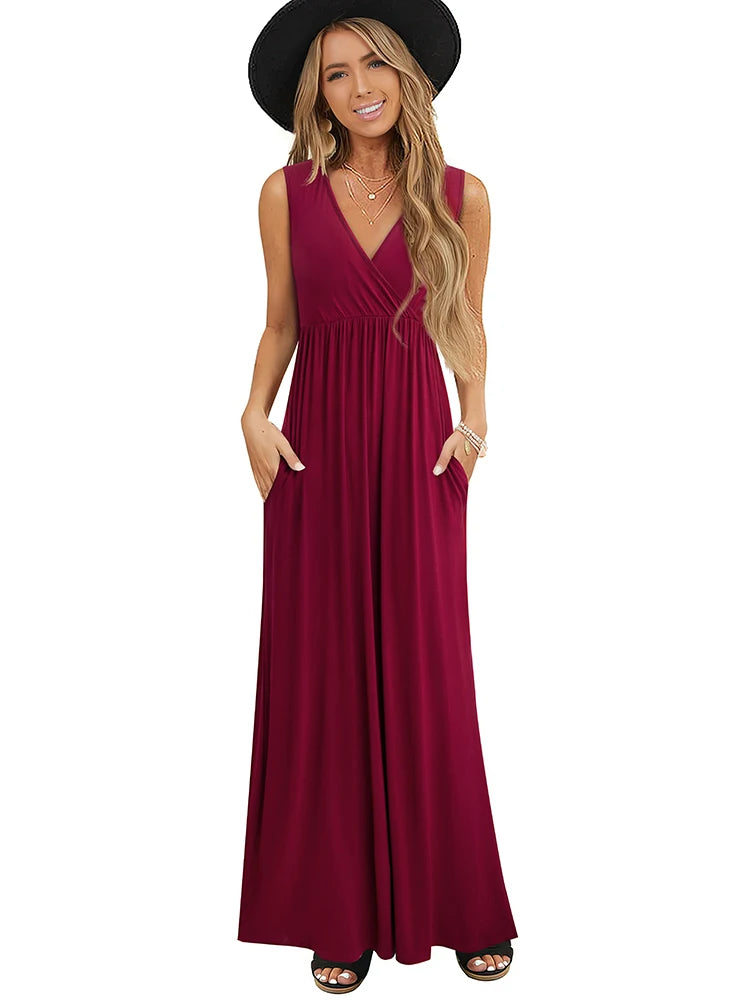 Women Black Color V-Neck Maxi Long Flare Sun Dress