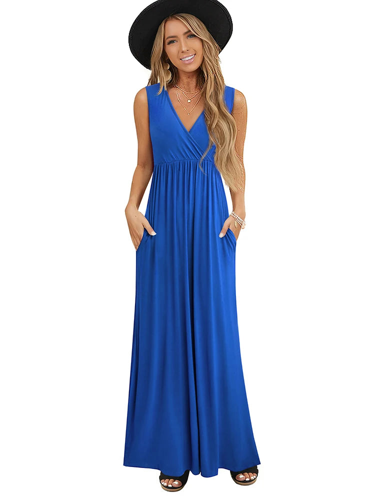 Women Black Color V-Neck Maxi Long Flare Sun Dress