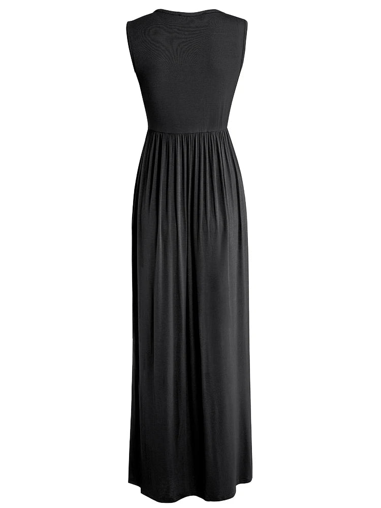 Women Black Color V-Neck Maxi Long Flare Sun Dress