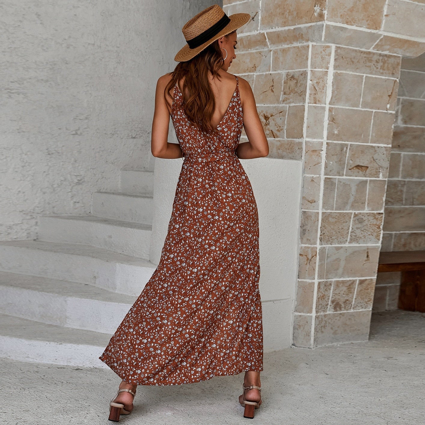 Backless Slit Beach Summer Floral Print Dress