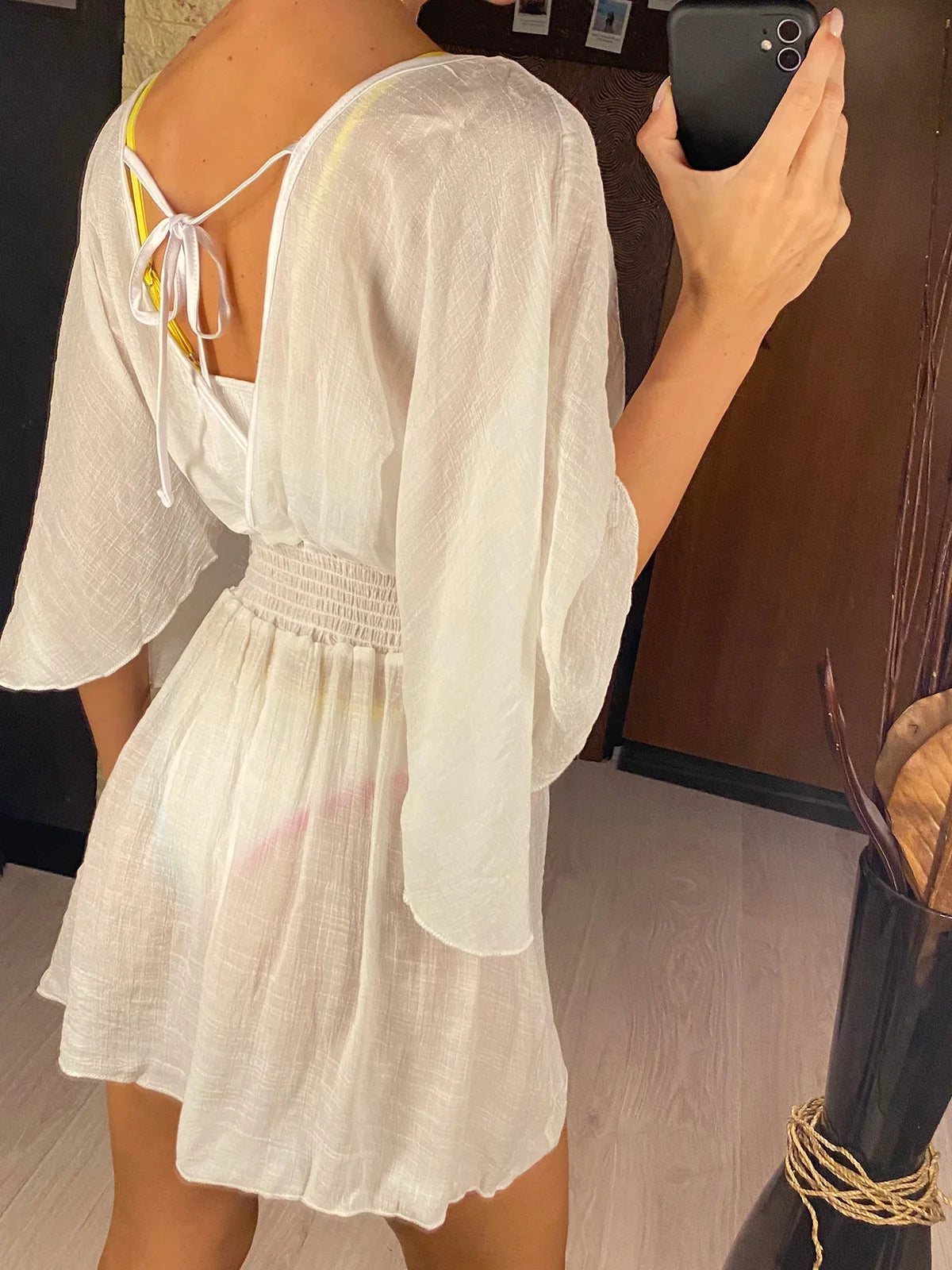 Swimsuit Cover Up V Neck Long Sleeve Backless Chiffon Tunic Beach Cover Up